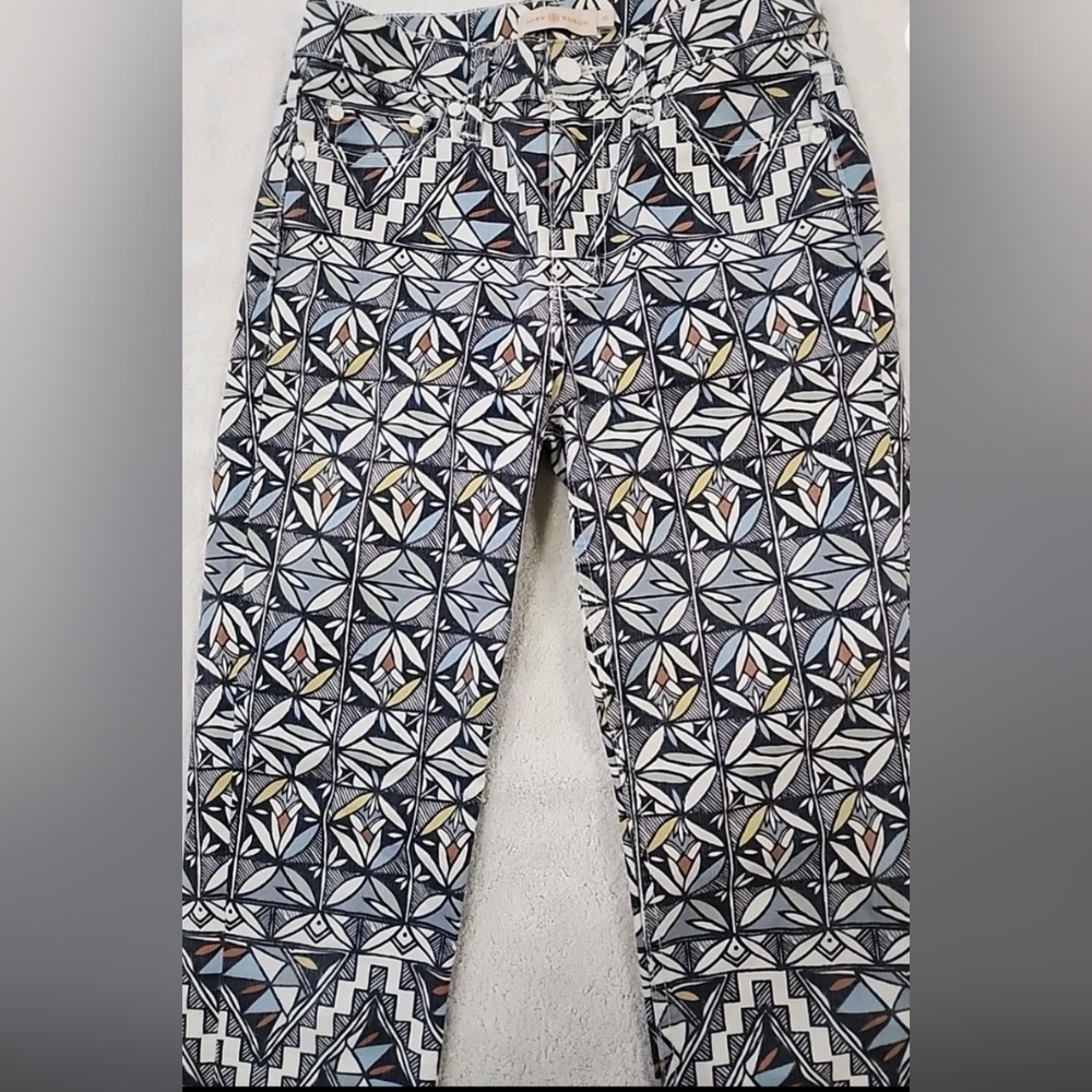 Tory Burch Riviera Blue Geometic Cropped Jeans S25 - Picture 3 of 6